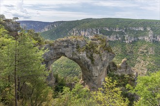 Natural arch of the Baousse del Biel (the Hump of the Old) in the gorges of the Tarn. Aveyron,