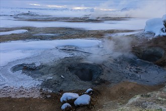 Hverir solfatar field, fumaroles, snow-covered geothermal area, North Iceland Eyestra, Iceland,