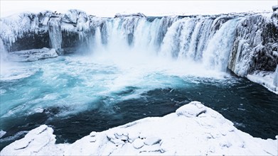 Godafoss waterfall, snowy landscape, drone shot, Northern Iceland Eyestra, Iceland, Europe