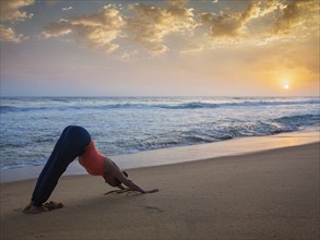 Yoga outdoors, young sporty fit woman doing Ashtanga Vinyasa yoga asana Adho mukha svanasana,