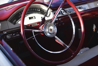 Steering wheel, Ford Custom 300 sedan, model A7 (1957) at a classic car meeting in Büsum, Germany,