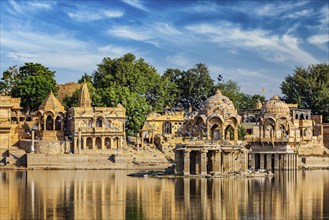 Indian tourist landmark Gadi Sagar, artificial lake. Jaisalmer, Rajasthan, India, Asia