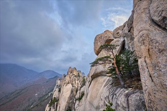 View of stone and rock formations from Ulsanbawi rock peak in stormy weather. Seoraksan National