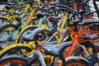 CHENGDU, CHINA, APRIL 15, 2018: Mobike bikes for share parked in Chengdu, Sichuan, China, Asia