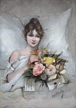 Young woman with a bouquet of flowers, colour print as art supplement Zur guten Stunde, 1897. After