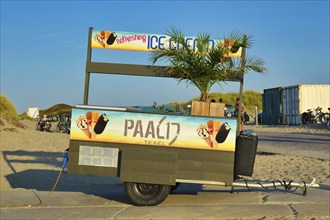 Texel, Netherlands, August 2019: Tropical ice cream truck trailer with palm tree standing at the