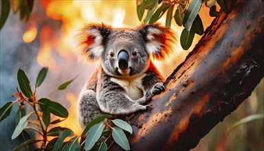 Climate change, global warming, bushfires, a koala in Australia sitting on a burning eucalyptus