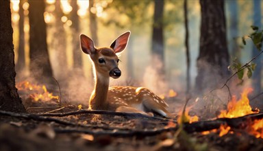 Climate change, global warming, environmental disaster, a fawn lies in a forest fire, AI generated