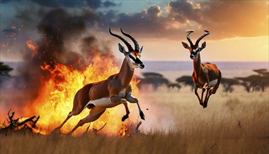 Climate change, global warming, bush fire, two antelopes flee in great leaps from a fire in the