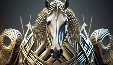 Horse, portrait as mystical mythical creature in golden and silver metallic armour in 3D optics,