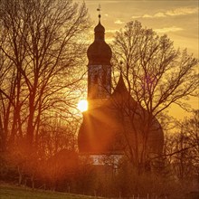 Sunset, Church of St John the Baptist and the Holy Cross, Westerndorf, Pang, Bavaria, Germany,