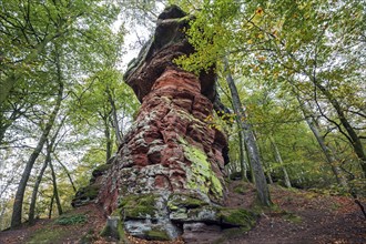 Old castle rock, red sandstone rock formation, natural and cultural monument, Brechenberg near