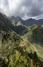 Densely overgrown steep mountains, green mountain landscape, view from the Miradouro dos Balcões,