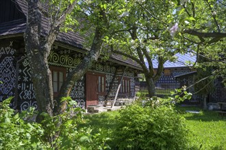 Painted wooden house and flowering trees, Cicmany, Žilinský kraj, Slovakia, Europe