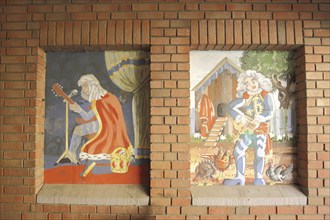 Two murals at the Haus Zum Römischen Kaiser, historical, traditional costume, clothing, guitarist,