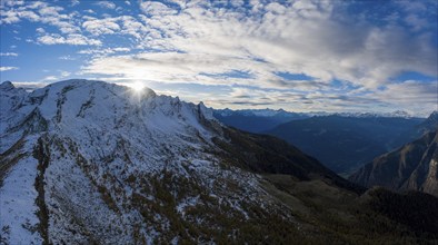 Aerial view of the sunset over the mountains of Val Pontirone in the canton of Ticino, Switzerland,
