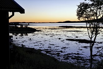 Sunset at a campsite, quiet fjord, Offersöy, Fv 17, Kystriksveien, Helgeland, Norway, Europe