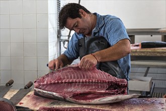 Tuna being cut up, fish hall, fish market, market hall Mercado dos Lavradores, Funchal, Madeira