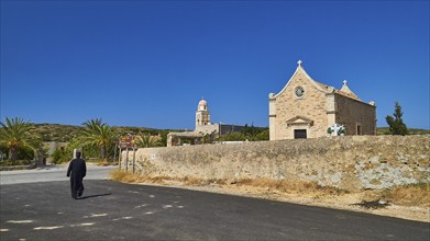 Forecourt, walking monk, chapel, Toplou, Orthodox Monastery, Eastern Crete, Lassithi Province,