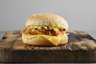 Little cheeseburger junior with meat patty in breading, front view