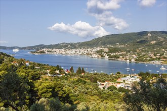 View of the bay near Skiathos town Seaside holiday on the Mediterranean island of Skiathos, Greece,