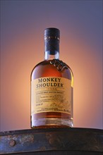 April 8, 2022, Minsk, Belarus, hero view at a bottle of Monkey Shoulder blended malt scotch whisky,