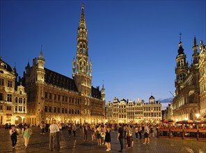 BRUSSELS, BELGIUM, MAY 31, 2018: Grote Markt (Grand Place) square crowded with tourists illuminated