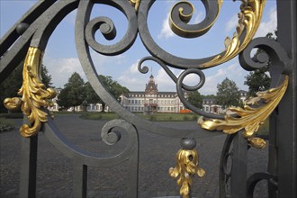 View through golden metal grids to Philippsruhe Castle, ornamentation, detail, Kesselstadt, Hanau,