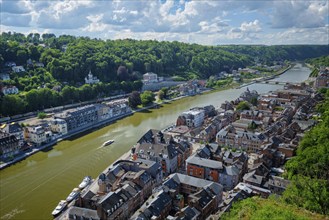 Aerial view of Dinant town, Collegiate Church of Notre Dame de Dinant, River Meuse and Pont Charles