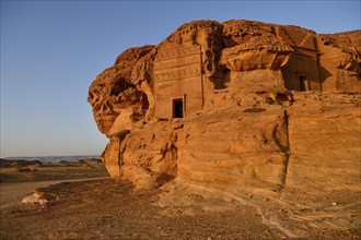 Nabataean tombs at Djabal Al-Ahmar in first light, Hegra or Mada'in Salih, AlUla region, Medina