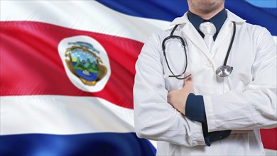 Doctor with stethoscope on Costa Rica flag. Costa Rica national health concept, Health and care