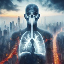 Air Pollution city and people suffers lung disease. Industrial pollution. Industrial smoke. Human