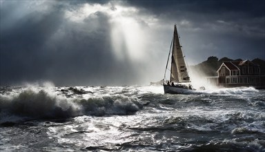 Storm surge, hurricane-like storm, stormy weather with high waves and a sailing boat on the sea, AI