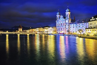 Jesuit Church, light installation at dusk, Old Town, Lilu, Light Festival 2023, Lucerne, Canton of