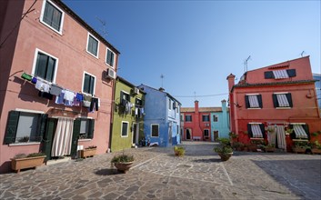 Colourful houses, colourful facades, alleyways on the island of Burano, Venice, Veneto, Italy,