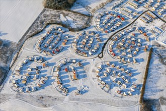 Aerial view of a residential area in Lübeck in winter, snow, settlement, round, Kadetrinne, cold,