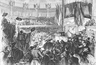 Rally at Circus Price in Madrid for the abolition of slavery in the colonies, 1869, Spain,