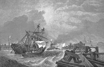 Rescue of a ship in front of the harbour entrance of Yarmouth, Isle of Wight, 1869, England,