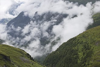 Low hanging clouds hanging over the Mölltal, Moelltal valley in summer, Hohe Tauern National Park,