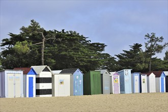 Colourful beach cabins at Saint-Denis-d'Oléron on the island Ile d'Oléron, Charente-Maritime,