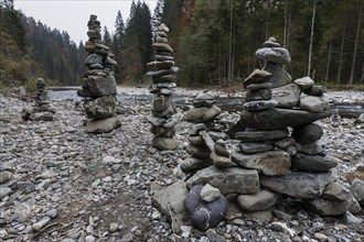 Cairn on the banks of the Breitach, near Oberstdorf, Oberallgäu, Allgäu, Bavaria, Germany, Europe