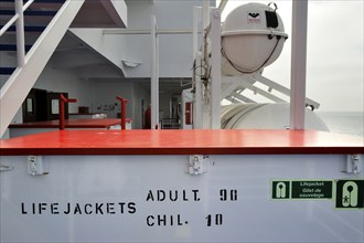 Box of life jackets and inflatable life rafts in hard-shell canisters on board a ferry boat