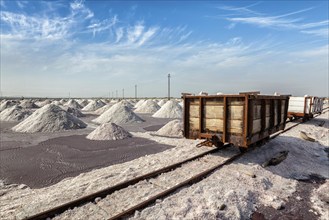 Rail road with railcart cart at salt mine at Sambhar Lake, Sambhar, Rajasthan, India, Asia