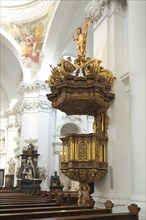 Interior view with pulpit of the baroque St. Salvator Cathedral, baroque, Fulda, Hesse, Germany,