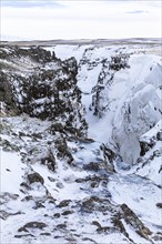 Icy and snow-covered Kolugljufur Canyon, Northern Iceland Vestra, Iceland, Europe