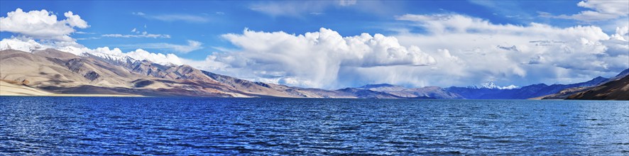 Panorama of Himalayan lake Tso Moriri (official name) (Tsomoriri Wetland Conservation Reserve) in