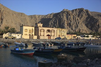 Fishing harbour in al-Chasab, Khasab, in the Omani enclave of Musandam, Oman, Asia