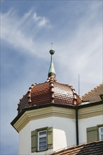 Bernstadt Castle, detail, turret, roof shingles, windows, today municipal administration and local