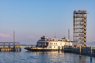 Friedrichshafen ferry and the observation tower at the harbour of Friedrichshafen, Lake Constance,