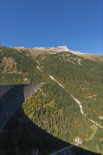 Schlegeis dam (altitude 131m), valley side, Zams valley, mountain stream, forest, Zillertal Alps,